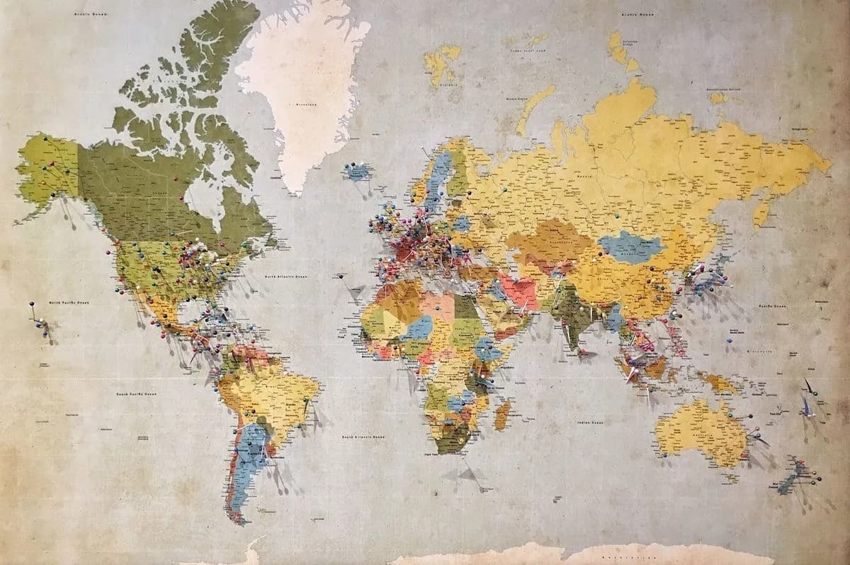 World map with countries in muted colours