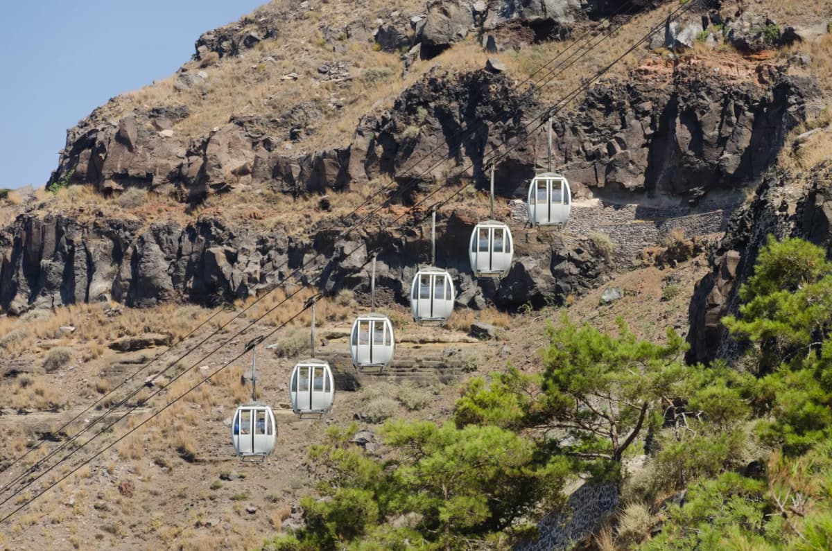 Santorini cable car cabins on the cliff between Fira's old port and the town